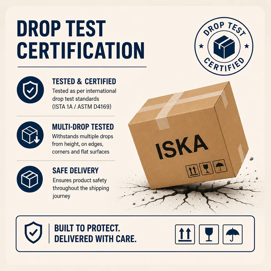 Drop-test certification: tested and certified, multi-drop tested, safe delivery, built to protect and delivered with care